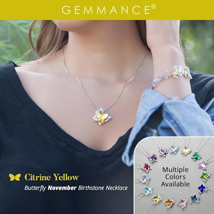 GEMMANCE Gift Butterfly Birthstone Crystal Necklace, Silver Tone with 18”+2” Chain, Necklace for Mother’s Day Anniversary Birthday Gifts for Women and Daughter, Valentine's Day