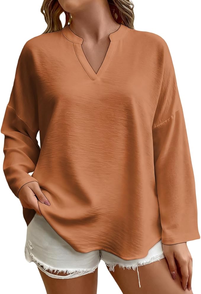Elegant Shirts for Women Solid Color Long Sleeve V Neck Blouses Loose Comfy Business Work Casual Pullover Tops