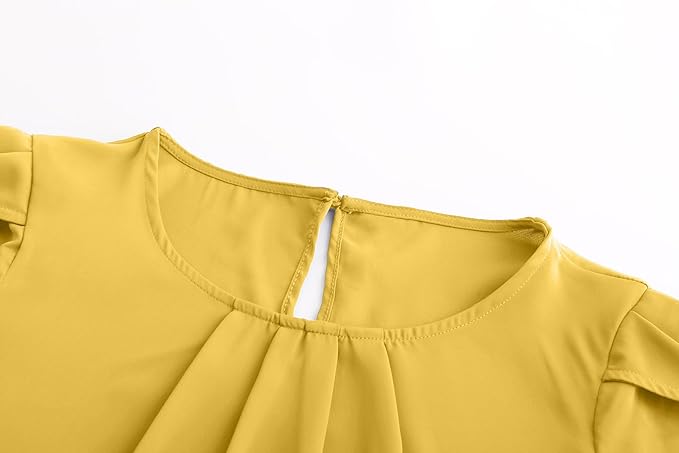 TASAMO Women's Casual Round Neck Basic Pleated Top Cap Sleeve Curved Keyhole Back Chiffon Blouse