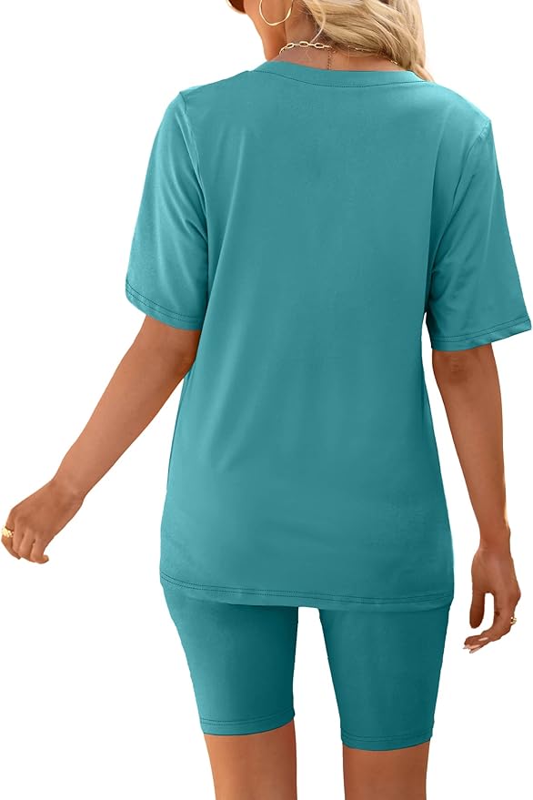 AGSEEM Two Piece Outfits For Women Summer V Neck T-Shirt Tops Biker Shorts Workout Sports Tracksuit