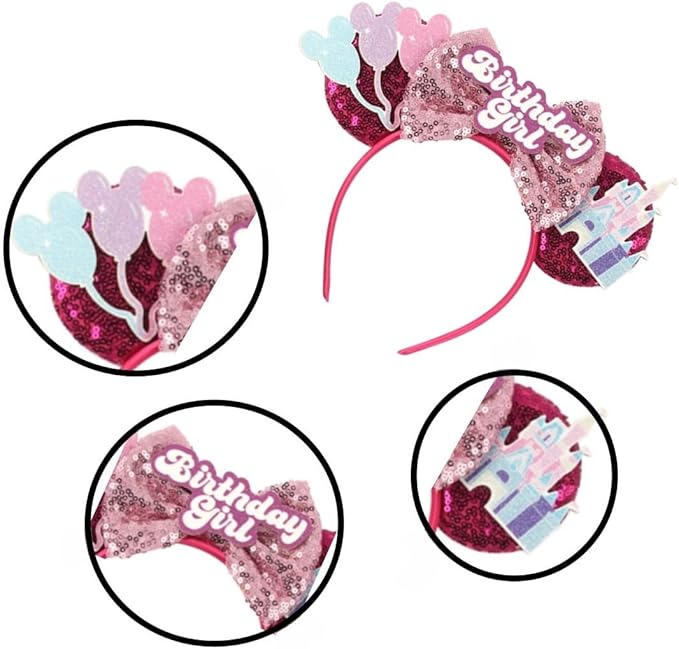 XINGKANG Mouse Ear Sparkling Headband, pink bow, birthday, Balloons, Castle, Firmly Occupying the C Position at the Party