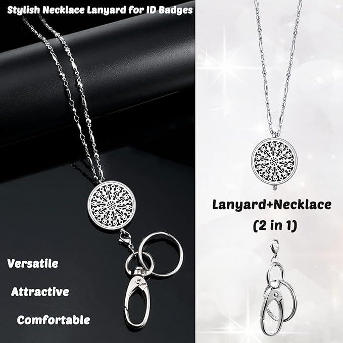 Lanyards for ID Badges - Teacher Lanyard, Lanyards for Women, Stainless Steel Badge Necklace & Keychain - Fashion Office Work Jewelry Gift for Teachers, Nurses (Silver)