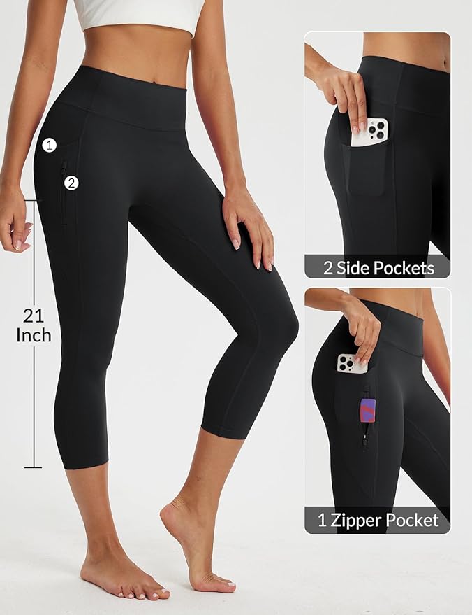baleaf Women's Capri Leggings with 3 Pockets Tummy Control 21" Inseam Workout Capris Yoga Pants