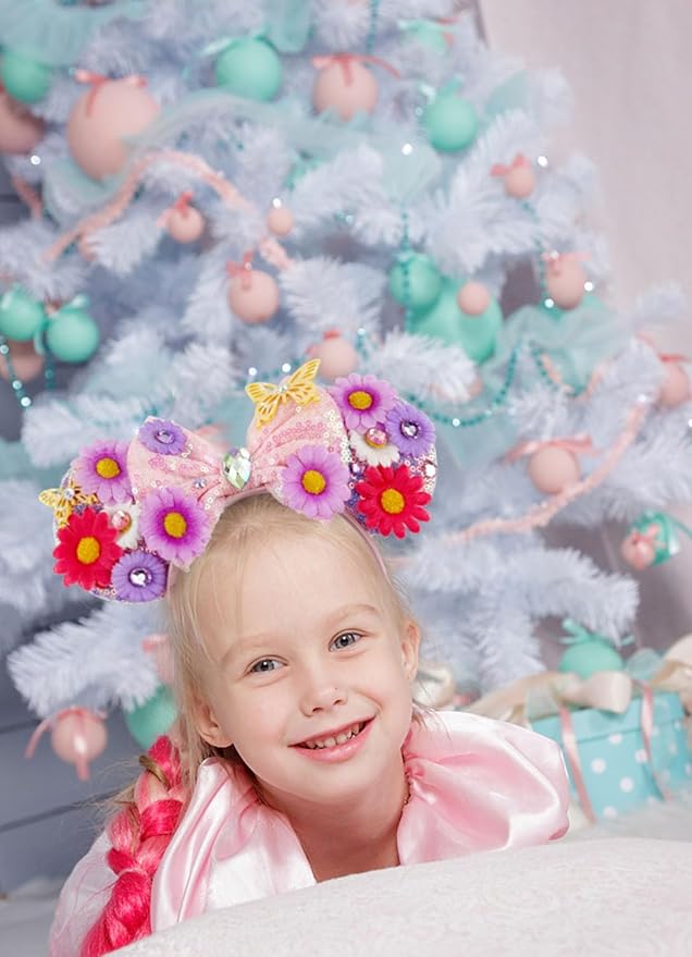 LIHELEI Mouse Ears Headband for Princess, Flower Mouse Ears for Princess Women Birthday Party Halloween Costume, Shiny Park Ears for Adult - Flower Headband