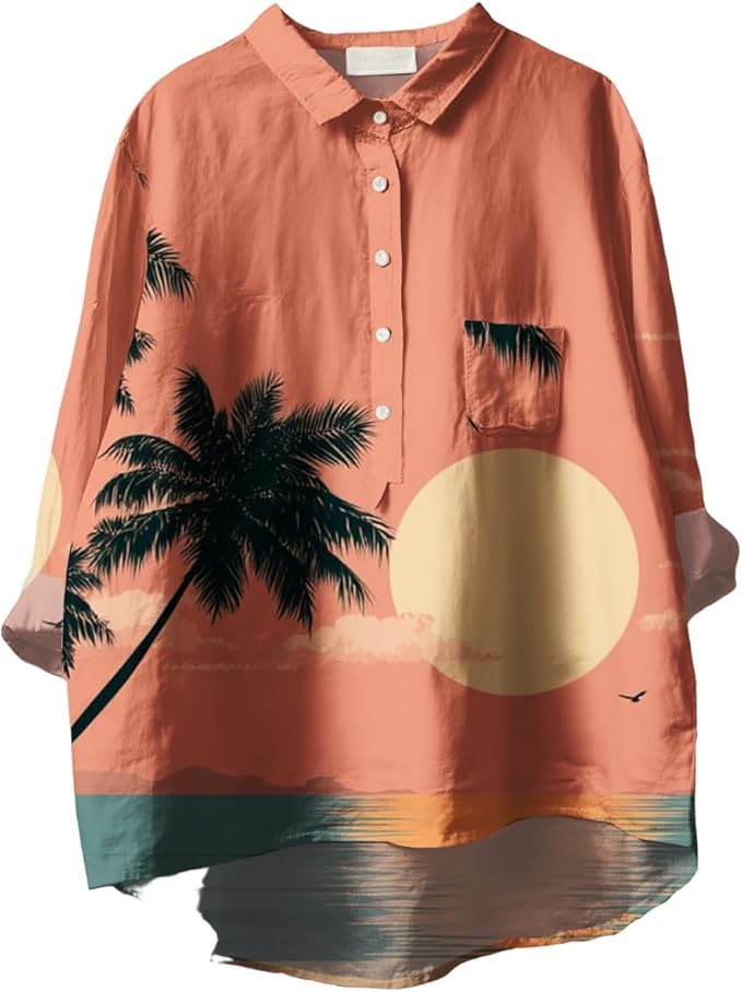 Womens Boho Tops 3/4 Long Sleeve Floral Blouses Hawaii Beach Button Down Shirts V Neck Pullover Casual Tunics
