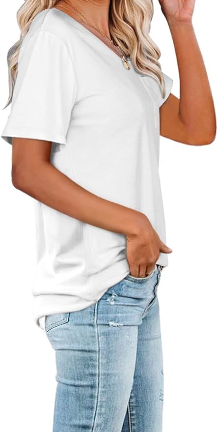 WIHOLL Women Summer T Shirts Short Sleeve Rounded V Neck Pocket Tee Tops