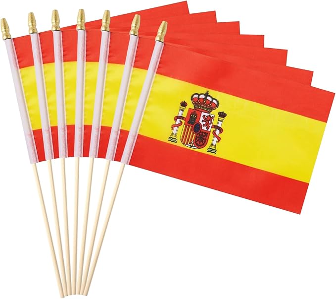 GSYLPFT 12 Pack Spanish Flags on Sticks Spain Small Mini Hand Held Flags for Office Classroom Holiday Party Decorations