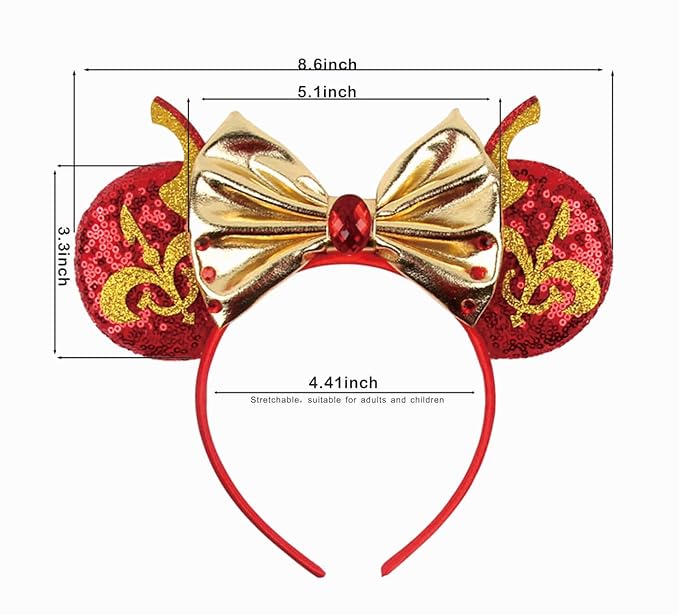 WW-WONDERFULWORLD Shiny Mouse Ears Headbands With Golden Bows & Ruby & Sequin, for Women PNA Costume Cosplay Glitter Star Wars Theme Party, Red; 2HJ