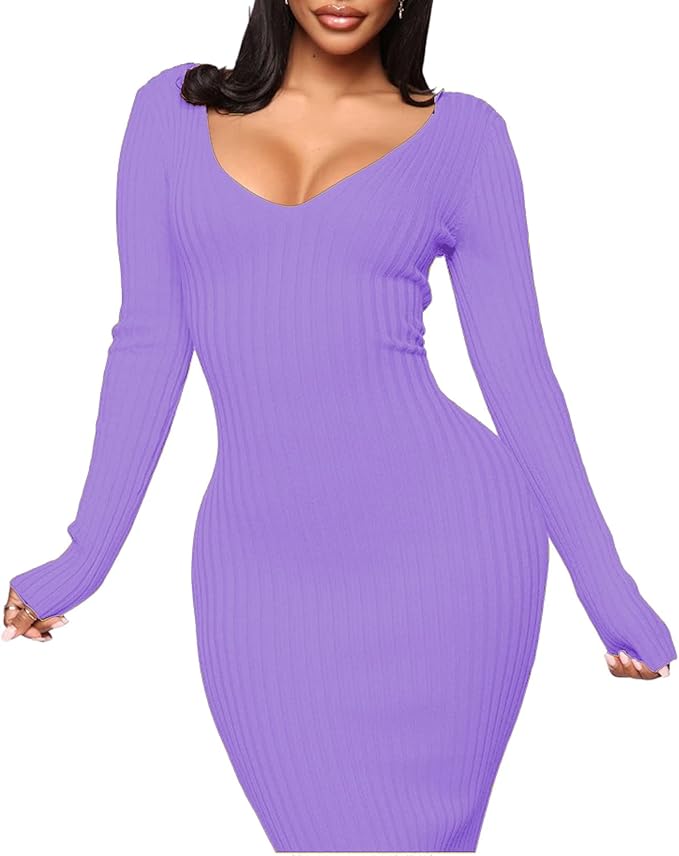 SheKiss Women's Off Shoulder Long Sleeves Bodycon Sweater Dress Sexy Knit Slim Cardigans