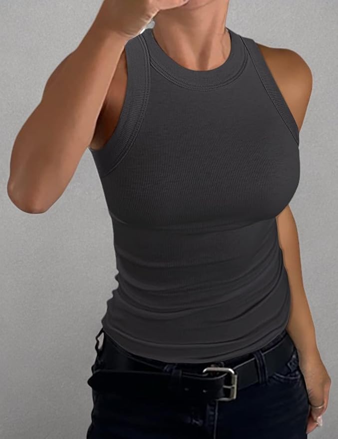 GEMBERA Womens Sleeveless Racerback High Neck Casual Basic Cotton Ribbed Fitted Tank Top