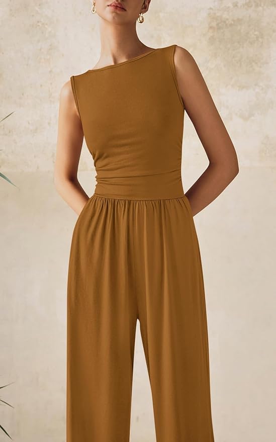 PRETTYGARDEN One Piece Jumpsuits for Women Dressy Casual Sleeveless Crewneck Wide Leg Rompers Jumpers Vacation Summer Outfits