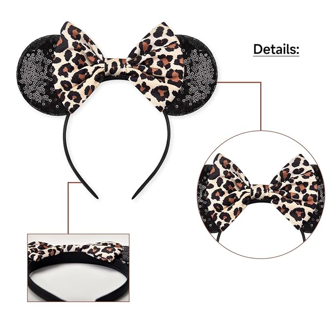 RAZKO Mouse Ears Headband, Sequin Leopard Mice Ears Hairband Animal ears Headband for Women Girls Hair Accessories (Leopard)