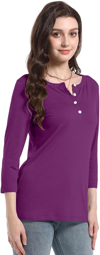 PGANDS Women's 3/4 Length Sleeve T Shirts Button Down Scoop Neck Casual Tops