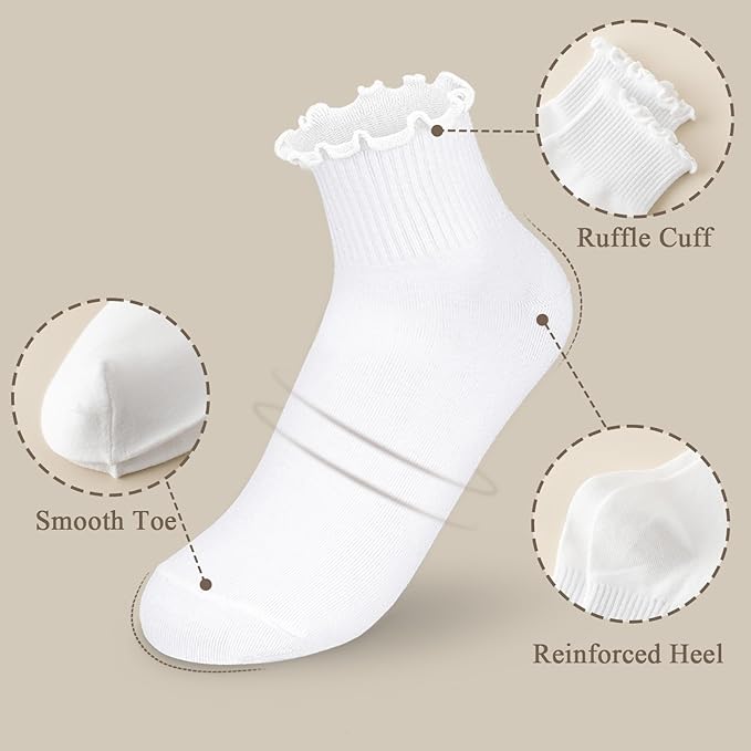 BIVOLU Womens Ankle Socks Ruffle Cotton Cute Frilly Trim Breathable Ankle Ruffled Socks 6 Pack