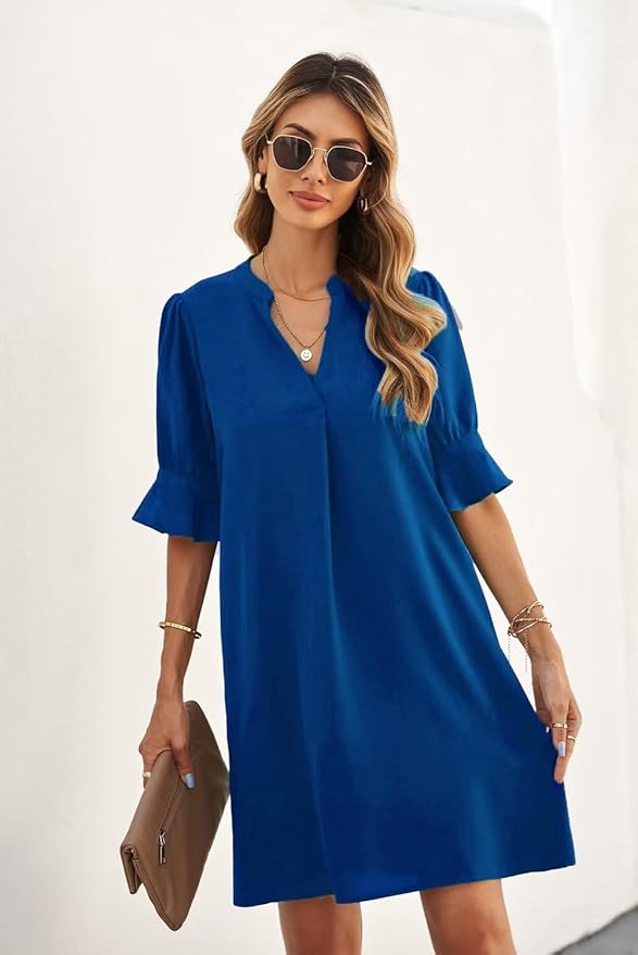Wkior Shift Dress for Women V Neck Short Sleeves Solid Color Casual Flowy Summer Dresses(S-2XL)