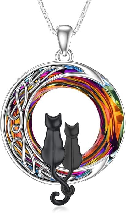 TOUPOP Cat Gifts for Cat Lovers One Two Three Four Cats Necklace Sterling Silver Cats on the Moon Pendant Necklace with Blue Circle Crystal Birthday Christmas Celtic Jewelry Gifts for Women