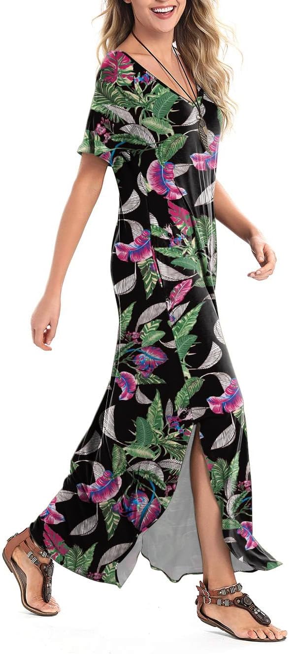 Arolina Women's Summer Maxi Dress Short Sleeve V Neck Casual Loose Long Beach Split Dresses with Pockets