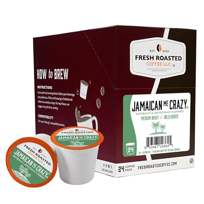 Fresh Roasted Coffee, Jamaican Me Crazy, Flavored Coffee Pods, 24 Count