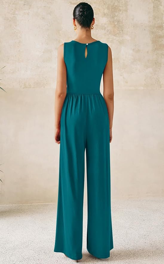PRETTYGARDEN One Piece Jumpsuits for Women Dressy Casual Sleeveless Crewneck Wide Leg Rompers Jumpers Vacation Summer Outfits