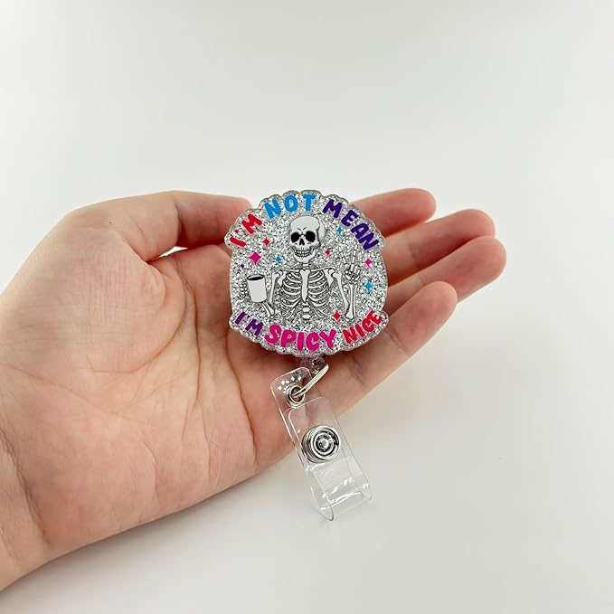 I'm Not Mean, I'm Spicy Nice Funny Badge Reel, Retractable ID Card Badge Holder, Name Tag Work Badge Clip for RN LPN CNA MA ER Night Shift Nurse Nursing Student Doctor, Nurse Gifts