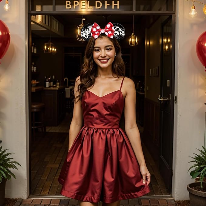 bianbaistar Biabaistar Birthday Mouse Ears Headband – Black Sequin with Red & White Polka Dot Bow, Perfect Cute Users' Birthday Parties, Celebrations, and Fun Events