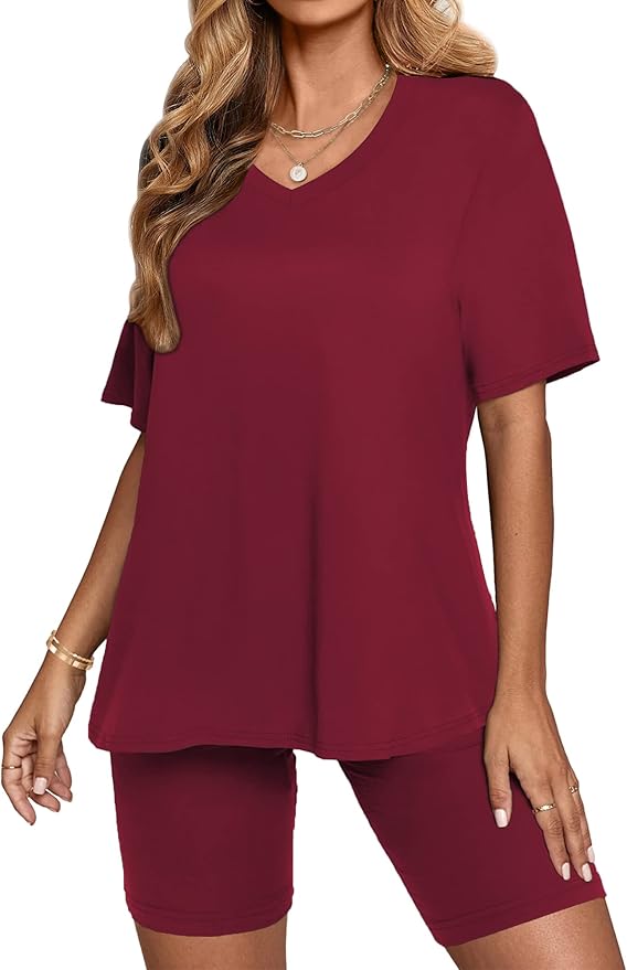 AGSEEM Two Piece Outfits For Women Summer V Neck T-Shirt Tops Biker Shorts Workout Sports Tracksuit