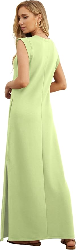 GRECERELLE 2026 Women Year-Round Casual Round Neck Loose Split Wrinkle-Free Long Maxi Vacation Dress with Pockets (XXS-4XL)