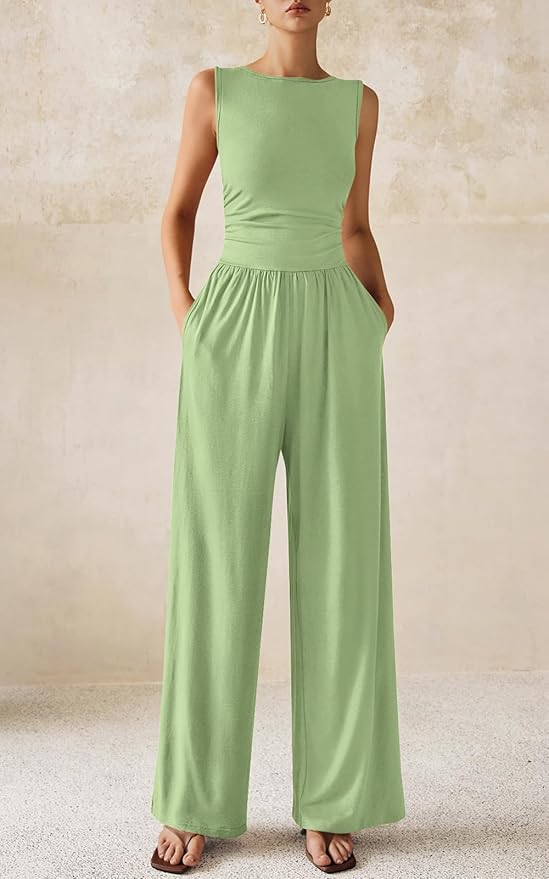 PRETTYGARDEN One Piece Jumpsuits for Women Dressy Casual Sleeveless Crewneck Wide Leg Rompers Jumpers Vacation Summer Outfits