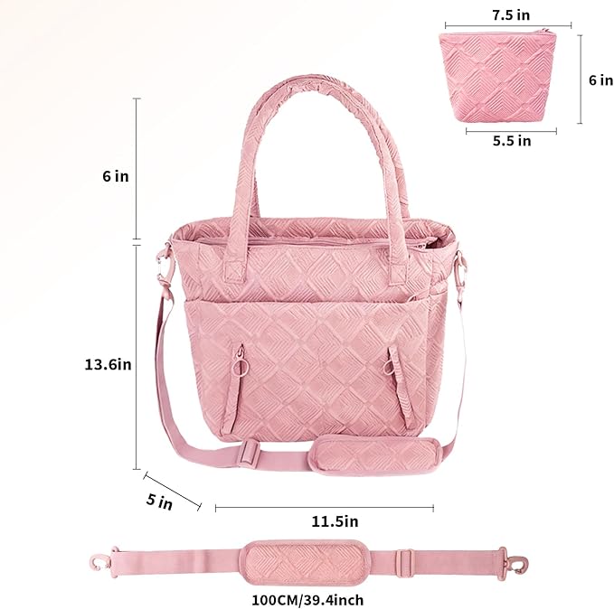 SUNRISING Tote Bag for Women, Puffy Tote Bag with Zipper, Large Quilted Shoulder Bag with Compartments for Travel Work Gym