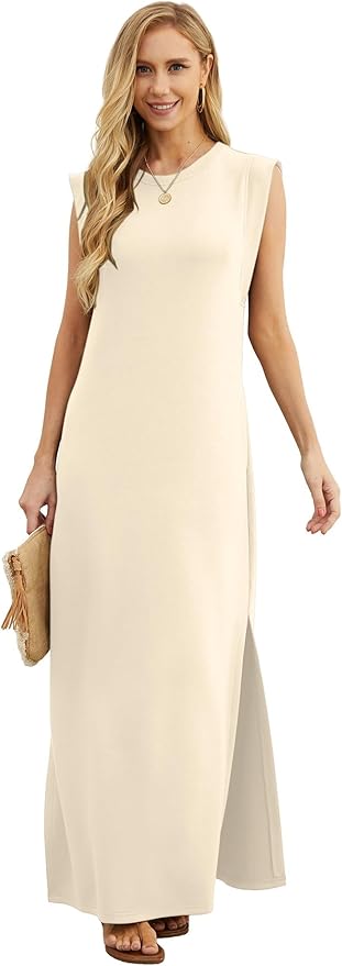 GRECERELLE 2026 Women Year-Round Casual Round Neck Loose Split Wrinkle-Free Long Maxi Vacation Dress with Pockets (XXS-4XL)