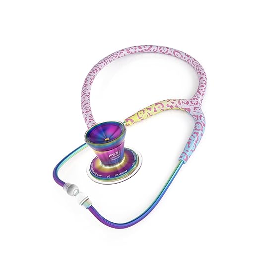 MDF Instruments, Engravable - Rainbow Leopard Kaleidoscope ProCardial Cardiology Stethoscope, Lightweight Titanium, Adult, Dual Head, Rainbow Leopard Tube, Chestpiece-Headset, MDF797TRLKL-ENGRAVING