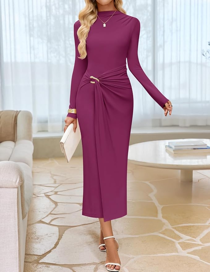 ZESICA Women's 2026 Spring Long Sleeve Bodycon Dress Mock Neck Wedding Guest Cocktail Party Long Midi Dresses