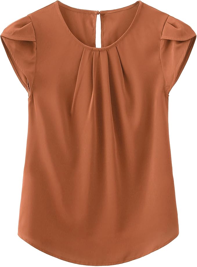 TASAMO Women's Casual Round Neck Basic Pleated Top Cap Sleeve Curved Keyhole Back Chiffon Blouse