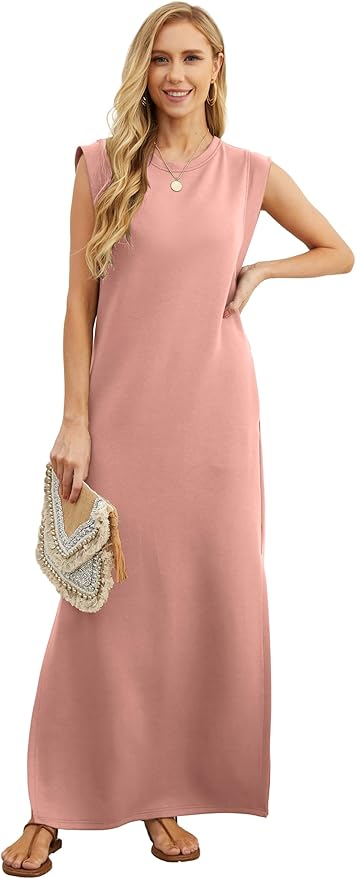 GRECERELLE 2026 Women Year-Round Casual Round Neck Loose Split Wrinkle-Free Long Maxi Vacation Dress with Pockets (XXS-4XL)