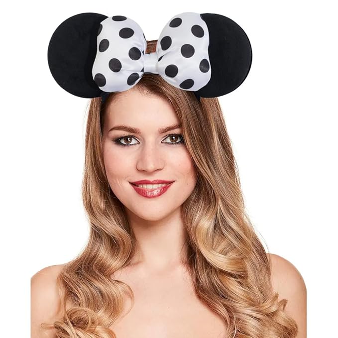 Jeffan Mouse Ear Headband with 3D Cotton Bow, Polka Dot Bow Mouse Party Costume Accessories for Women Girls (Black)