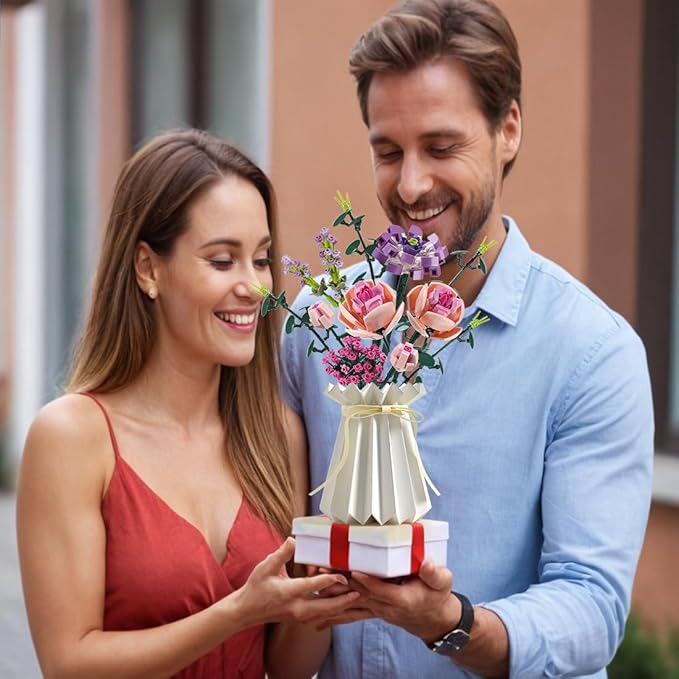 Chodia Flower Bouquet Building Blocks Artificial Pink Rose with Paper Vase Botanical Collection Bricks Sets Kits Christmas X'Mas Valentine Gifts Birthday Creative Gifts for Adults Girlfriends(413PCS)