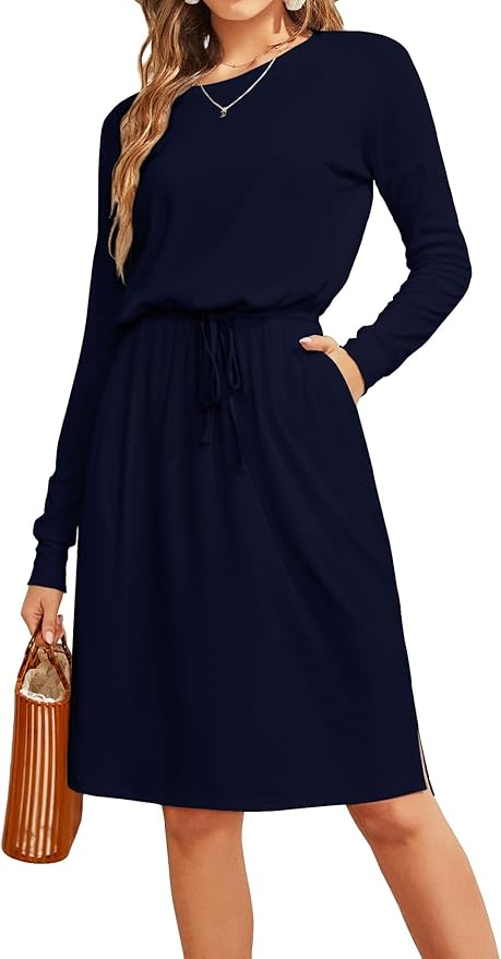 Simier Fariry Womens Spring Hide Belly Knee Length Travel Dress Pocket Summer Short Sleeve Midi Work Casual Outfits
