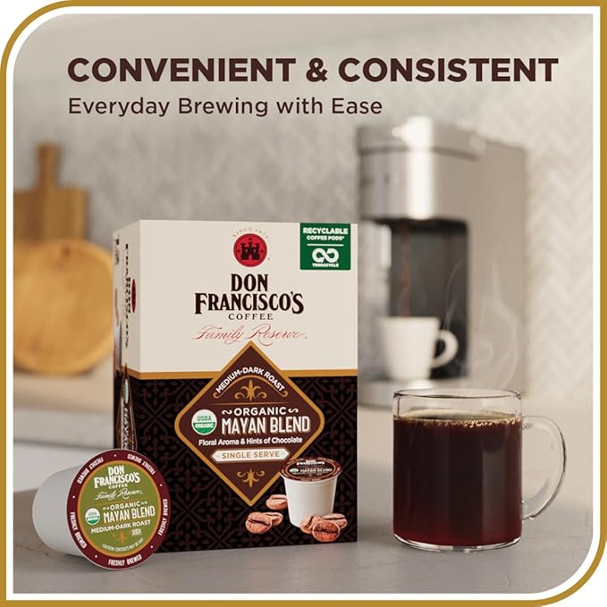 Don Francisco's Organic Mayan Coffee Pods, 12 Count, Medium-Dark Roast, Compatible with Keurig Brewers