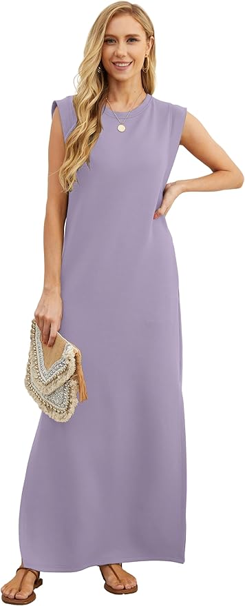 GRECERELLE 2026 Women Year-Round Casual Round Neck Loose Split Wrinkle-Free Long Maxi Vacation Dress with Pockets (XXS-4XL)