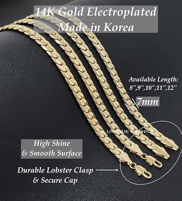 BA UNIQUE FASHION Gold Electroplated Anklet for Women, 9-12 Inch Sizes, Figaro, Cuban, Mariner, Herringbone Design - Made in Korea