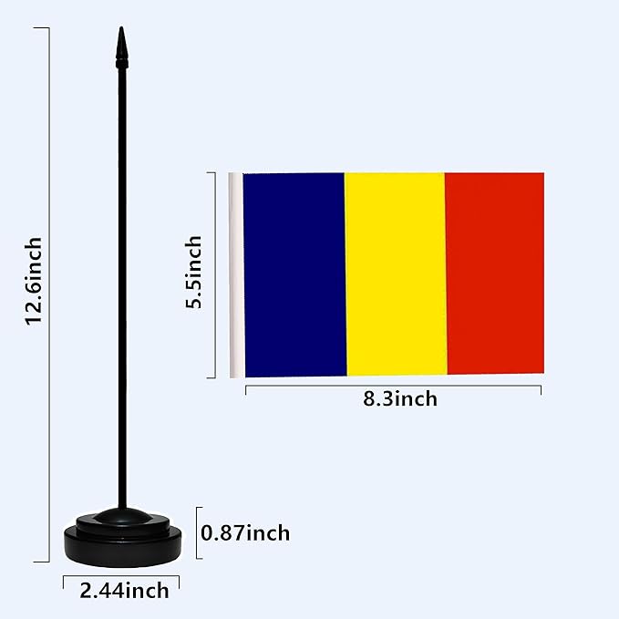 Romania Romanian Deluxe Desk Flag Set Small Mini Miniature Romania Romanian Table Desktop Flags With Solid Pole, Black Base and Spear Top(2 Pack)