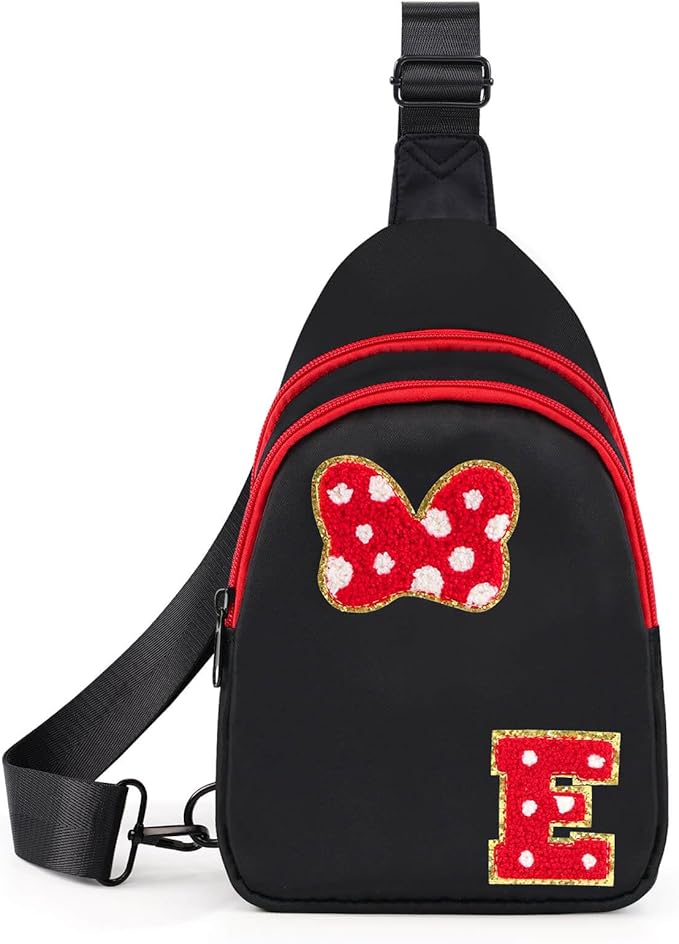 7 8 9 10 11 12 13 14 Year Old Girl Birthday Gifts, Black Initial Bow Mouse Park Small Sling Bag for Girls Daughter Women, Teen Girl Gifts Trendy Stuff Crossbody Fanny Pack Must Haves for Park Travel E
