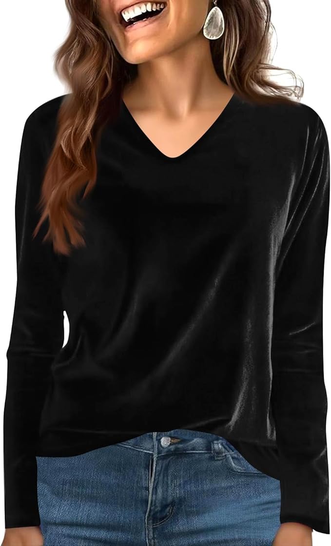 Velvet Tops for Women Dressy Casual V Neck Shirts Loose Fit Vintage Long Sleeve Velour Blouse Solid Holiday Party Outfits