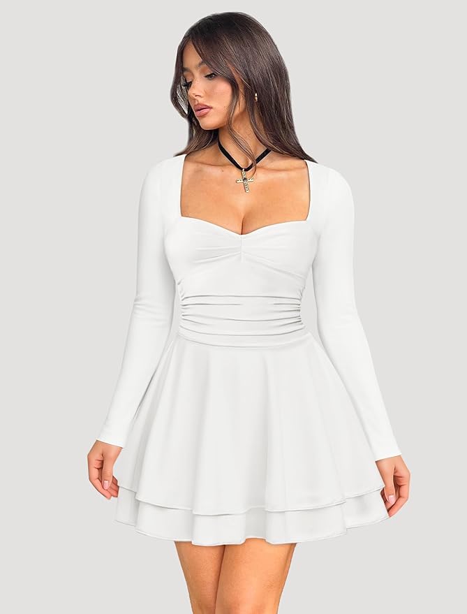 IWD Women's Square Neck Long Sleeve Mini Dress Ruched Corset Waist Tiered Ruffle Hem A Line Short Party Dresses
