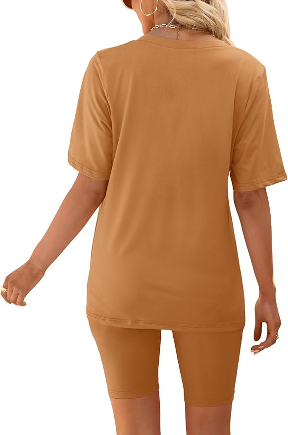 AGSEEM Two Piece Outfits For Women Summer V Neck T-Shirt Tops Biker Shorts Workout Sports Tracksuit
