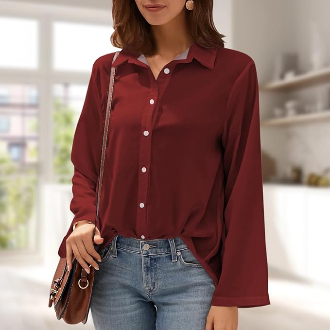 Womens Classic Shirts Casual Button Solid Color Long Sleeve Work Blouse Collared Relaxed Fit Summer Tops
