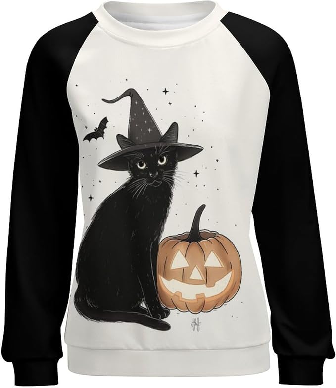 Spatofa Womens novelty funny cat printed crewneck sweatshirt casual loose long sleeve graphic pullover sweatshirts tops