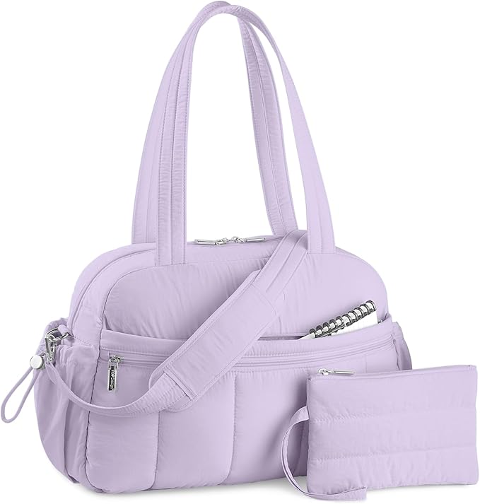 TOPDesign Travel Duffel Bag for Women, Puffer Gym Bag Sports Tote with Wet Pocket, Carry On Weekender with Luggage Sleeve (Light Purple)