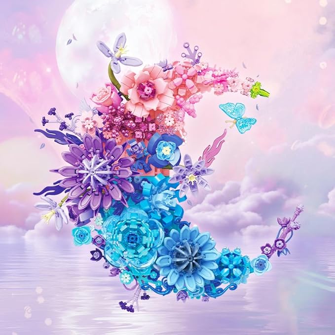 Eternal Flower Building Blocks Set, Simulated Artificial Flowers Moon Models, Home Decor or Idea Present for Adults and Kids, Valentine's Day Gifts for Girls, Standard Particles 977 PCS (JJ9163)