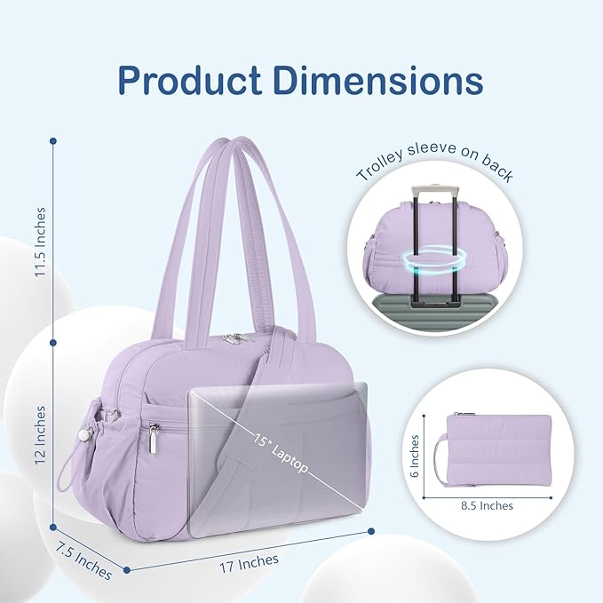 TOPDesign Travel Duffel Bag for Women, Puffer Gym Bag Sports Tote with Wet Pocket, Carry On Weekender with Luggage Sleeve (Light Purple)